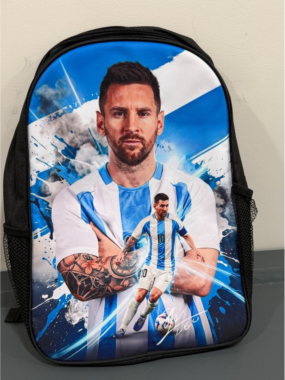 Lionel Messi Argentina Soccer Graphic Backpack Blue Black NWOT